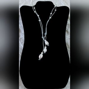 Handmade White Pearl And Metallic Grey Leather 3-Way Necklace